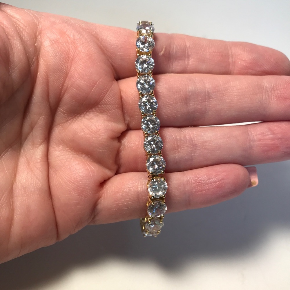 Sterling Silver/Yellow Gold CZ Tennis Line Bracelet 28 CTTW 7” Double Safeties